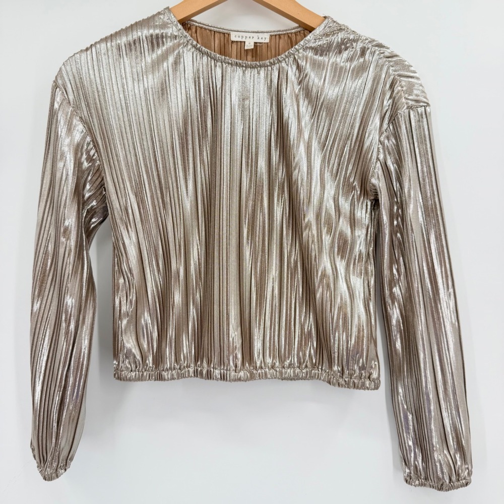 Copper Key Metallic Pleated Top Women's M Silver Long Sleeve Party Y2K